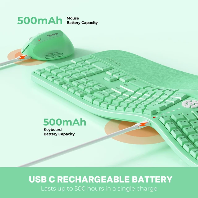 Alt view image 5 of 7 - MEETION Ergonomic Keyboard and Mouse, Wireless Keyboard with Vertical Mouse, Split Curved Keyboard with Wrist Rest, USB C Rechargeable Full Size, Windows/Mac/PC/Laptop, Green