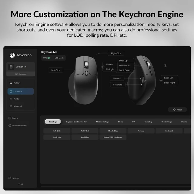 Alt view image 3 of 7 - Keychron M6 Silent Wireless Gaming Mouse, 1000Hz, Bluetooth/2.4G/Wired, PixArt 3311 Sensor (12K DPI), 86g, 5 On-Board Memory Profiles for Plug & Play, Programmable for Mac/Win/Linux Black