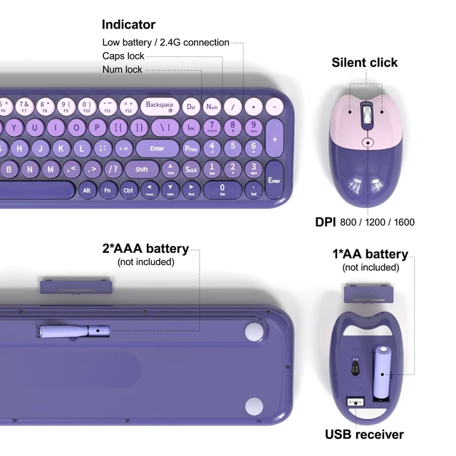 Alt view image 4 of 7 - KNOWSQT Wireless Keyboard and Mouse Combo - Purple-Gradient 2.4G Full-Size Typewriter Cute Colorful Keyboards - USB Plug and Play, for Windows, Laptop, Computer, PC, Desktop
