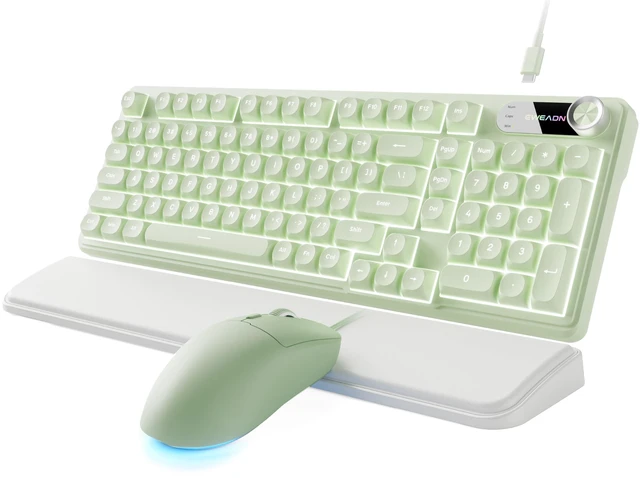 Main image of Wired Keyboard and Mouse Combo with Detachable Wrist Rest - Green | RGB Backlit, Media Knob, Soft Creamy Typing, Rounded Keycaps, Cute Aesthetic Setup for PC, Desktop, Laptop, EWEADN C98