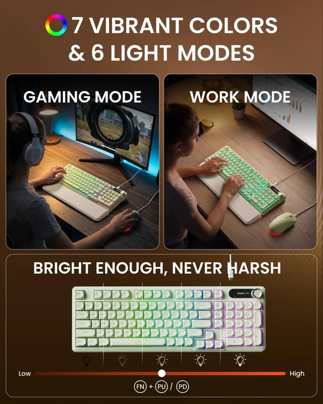 Alt view image 4 of 7 - Wired Keyboard and Mouse Combo with Detachable Wrist Rest - Green | RGB Backlit, Media Knob, Soft Creamy Typing, Rounded Keycaps, Cute Aesthetic Setup for PC, Desktop, Laptop, EWEADN C98