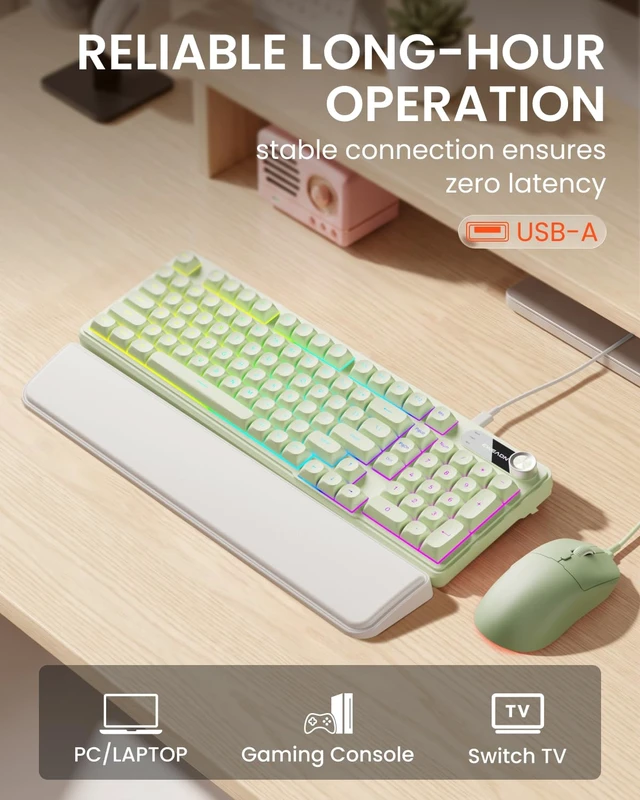 Alt view image 6 of 7 - Wired Keyboard and Mouse Combo with Detachable Wrist Rest - Green | RGB Backlit, Media Knob, Soft Creamy Typing, Rounded Keycaps, Cute Aesthetic Setup for PC, Desktop, Laptop, EWEADN C98