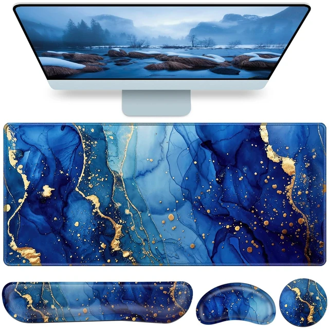 Main image of Desk Mat Blue, Large Gaming Mouse Pad with Wrist Rest, 4in1 XXL | Mousepad+Keyboard Wrist Rest+Mouse Pad Wrist Support+Cup Coaster Set Ergonomic Computer Desk Arm Wrist for Decor Office Women