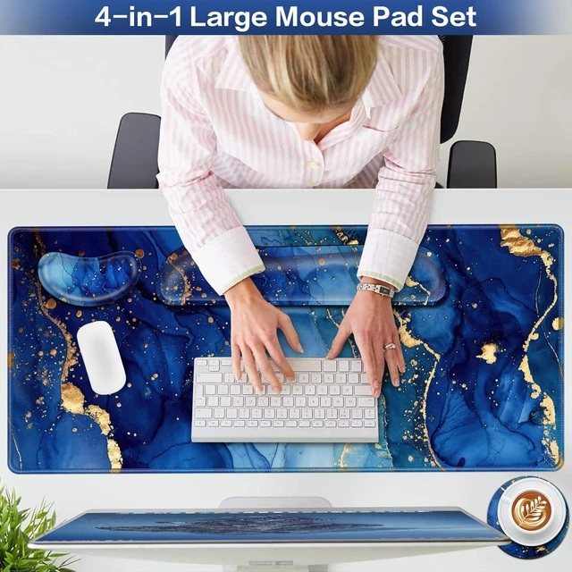 Alt view image 2 of 7 - Desk Mat Blue, Large Gaming Mouse Pad with Wrist Rest, 4in1 XXL | Mousepad+Keyboard Wrist Rest+Mouse Pad Wrist Support+Cup Coaster Set Ergonomic Computer Desk Arm Wrist for Decor Office Women