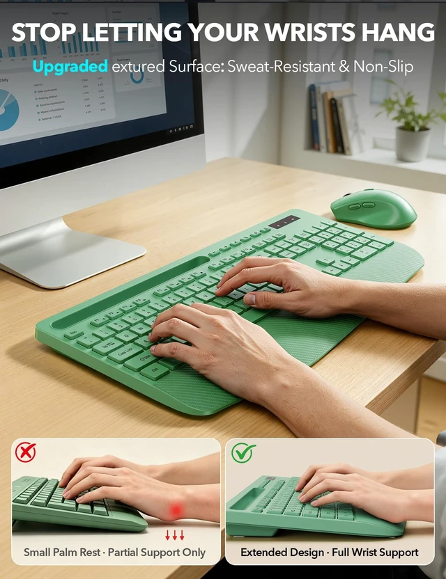 Alt view image 2 of 7 - Wireless Keyboard and Mouse Combo, Full Size with Wrist Rest | Ergonomic, Wrist Rest, Sleep Mode, Silent Typing, 3 DPI Mouse, USB-C Adapter, 2.4GHz Stable for Laptop, PC