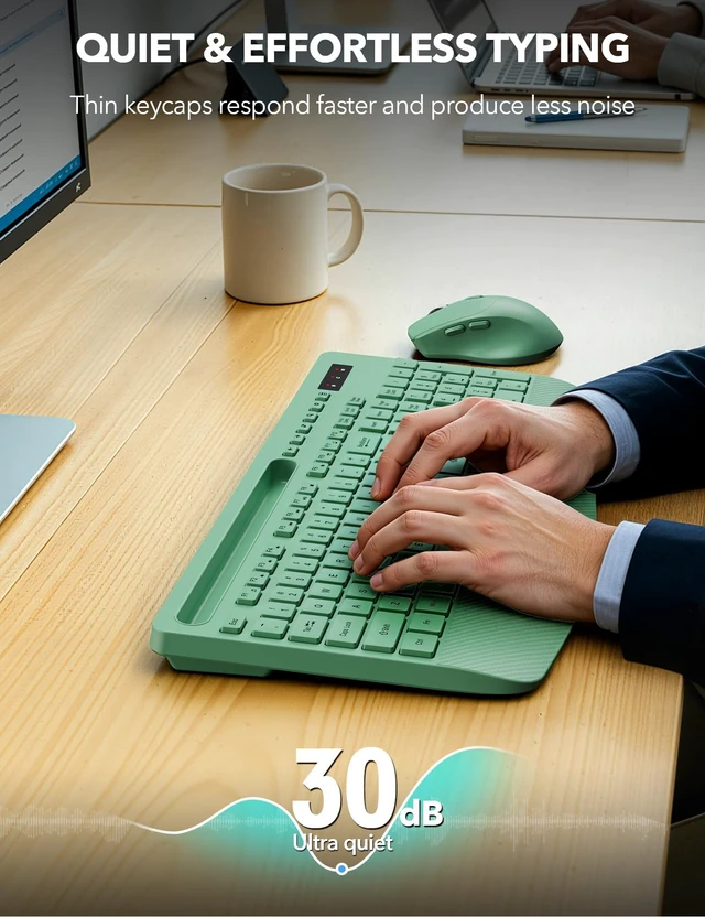 Alt view image 3 of 7 - Wireless Keyboard and Mouse Combo, Full Size with Wrist Rest | Ergonomic, Wrist Rest, Sleep Mode, Silent Typing, 3 DPI Mouse, USB-C Adapter, 2.4GHz Stable for Laptop, PC
