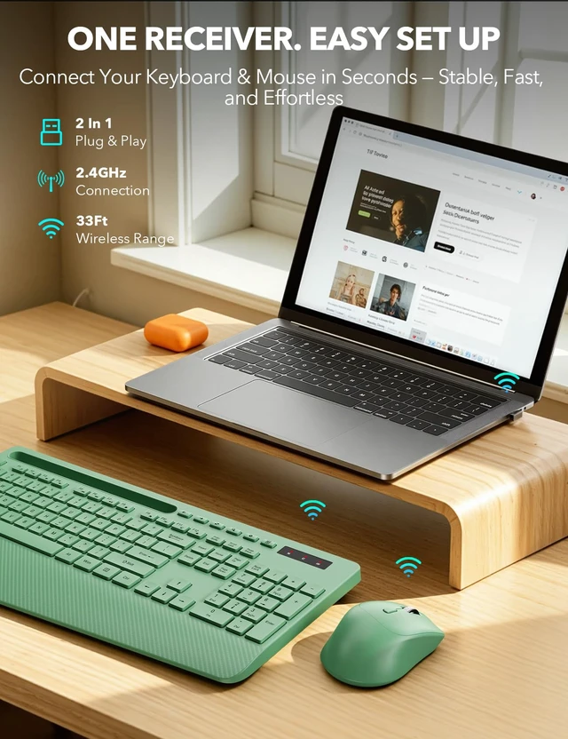 Alt view image 4 of 7 - Wireless Keyboard and Mouse Combo, Full Size with Wrist Rest | Ergonomic, Wrist Rest, Sleep Mode, Silent Typing, 3 DPI Mouse, USB-C Adapter, 2.4GHz Stable for Laptop, PC