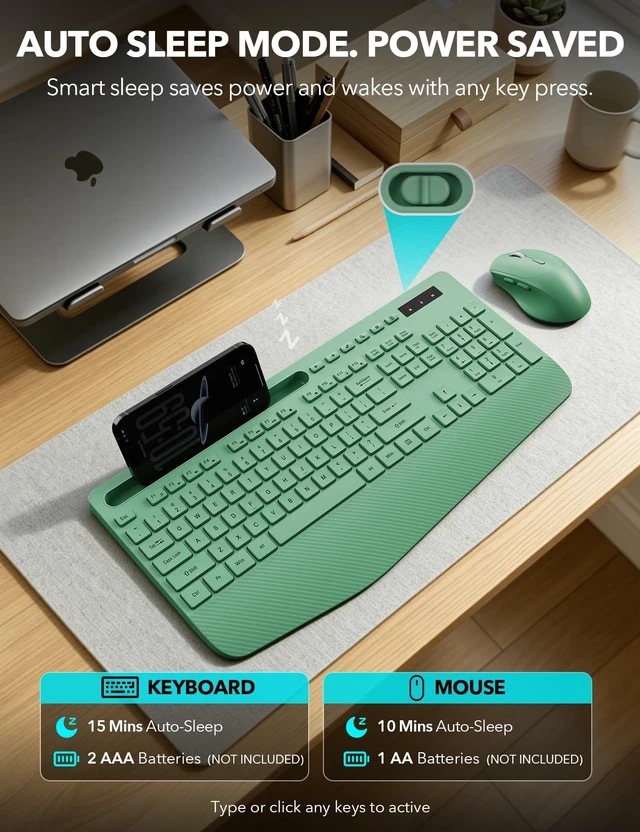 Alt view image 5 of 7 - Wireless Keyboard and Mouse Combo, Full Size with Wrist Rest | Ergonomic, Wrist Rest, Sleep Mode, Silent Typing, 3 DPI Mouse, USB-C Adapter, 2.4GHz Stable for Laptop, PC