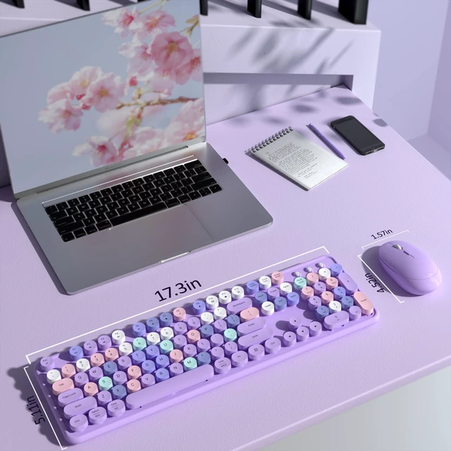 Alt view image 6 of 6 - COVEVA Colorful Wireless Keyboard and Mouse Combo (Purple Colorful) | COVEVA 2.4GHz Wireless, Retro Round Floating Keycaps, Full-Size Keyboard Mouse Set with Switch Button for PC Laptop Desktop