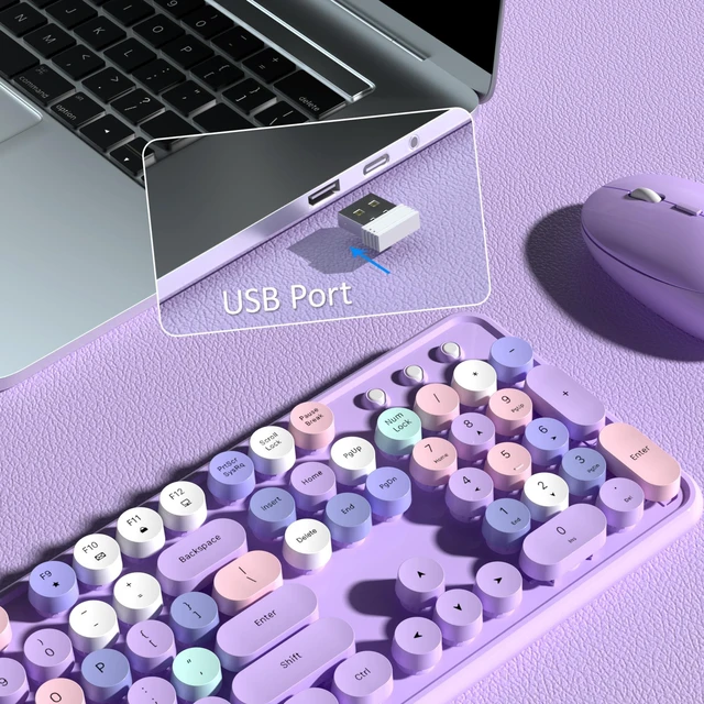 Alt view image 4 of 6 - COVEVA Colorful Wireless Keyboard and Mouse Combo (Purple Colorful) | COVEVA 2.4GHz Wireless, Retro Round Floating Keycaps, Full-Size Keyboard Mouse Set with Switch Button for PC Laptop Desktop