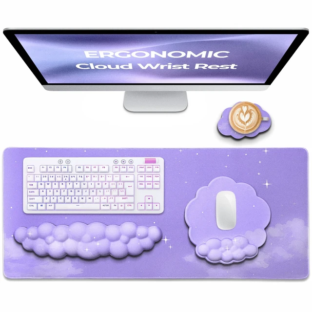 Alt view image 2 of 7 - TheTrulyCharter Premium Quality Cloud Wrist Rest Keyboard & Mouse Pad Set Ergonomic Memory Foam Desk Accessories with Wrist Support for Office & Gaming Purple-Star