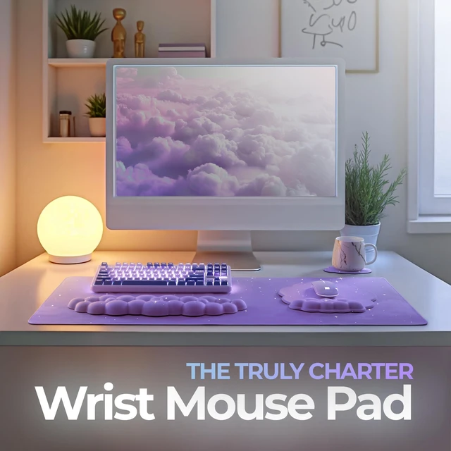 Alt view image 3 of 7 - TheTrulyCharter Premium Quality Cloud Wrist Rest Keyboard & Mouse Pad Set Ergonomic Memory Foam Desk Accessories with Wrist Support for Office & Gaming Purple-Star