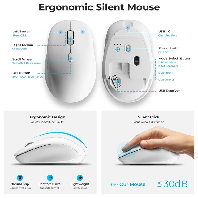 Alt view image 7 of 7 - iClever DK05 Bluetooth Wireless Keyboard and Mouse Combo, Silver White | Dual Bluetooth & 2.4G Modes, Slim Wireless Keyboard Mouse with Numeric Keypad, Quiet Typing, Rechargeable, for Windows & Mac