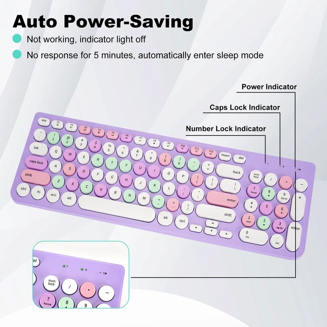 Alt view image 3 of 7 - Wireless Keyboard and Mouse Combo, Retro Typewriter Keyboard with Round Keycaps, 2.4GHz USB Cute Wireless Keyboard Mouse for Computer, Desktop, Laptop (Purple Colorful)