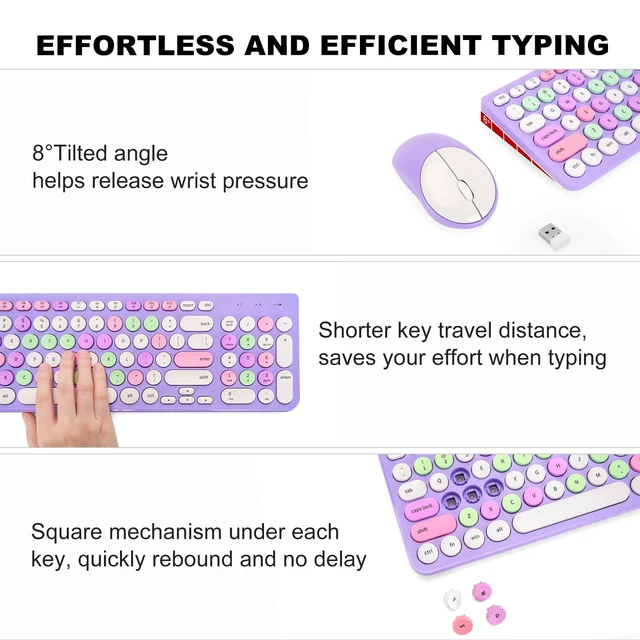 Alt view image 4 of 7 - Wireless Keyboard and Mouse Combo, Retro Typewriter Keyboard with Round Keycaps, 2.4GHz USB Cute Wireless Keyboard Mouse for Computer, Desktop, Laptop (Purple Colorful)