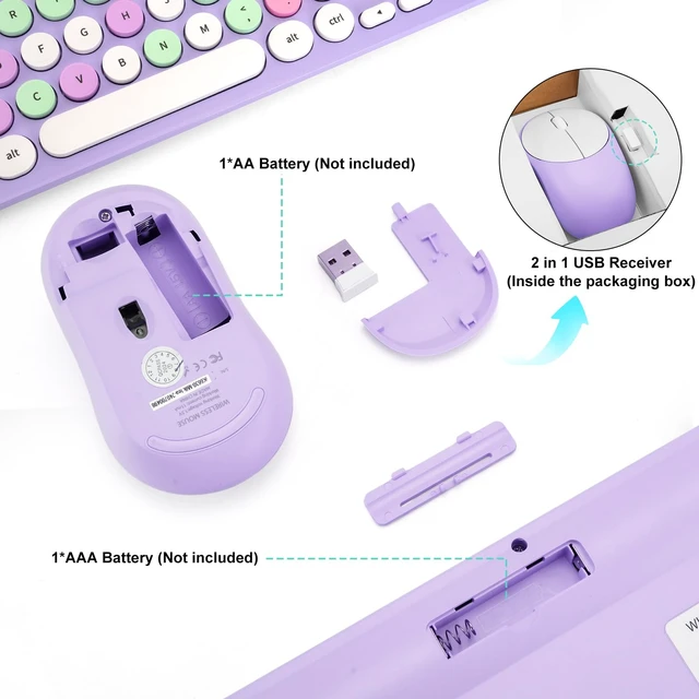 Alt view image 5 of 7 - Wireless Keyboard and Mouse Combo, Retro Typewriter Keyboard with Round Keycaps, 2.4GHz USB Cute Wireless Keyboard Mouse for Computer, Desktop, Laptop (Purple Colorful)