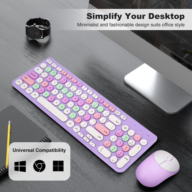 Alt view image 7 of 7 - Wireless Keyboard and Mouse Combo, Retro Typewriter Keyboard with Round Keycaps, 2.4GHz USB Cute Wireless Keyboard Mouse for Computer, Desktop, Laptop (Purple Colorful)