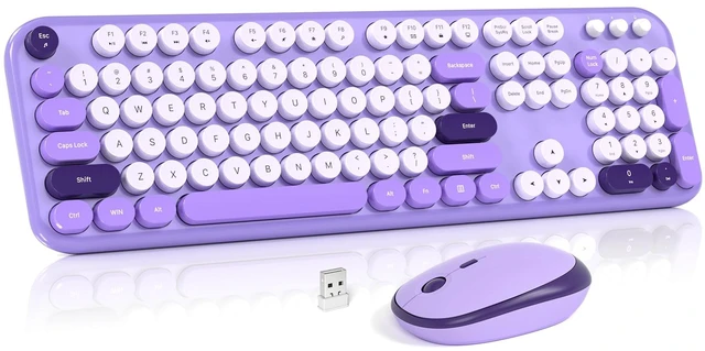 Main image of Wireless Keyboard and Mouse Combo, MOWUX Full Size Typewriter Retro Round Computer Keyboard, Cute Optical Mouse Wireless, Plug and Play, for Laptop, PC, Computer- Violet Field