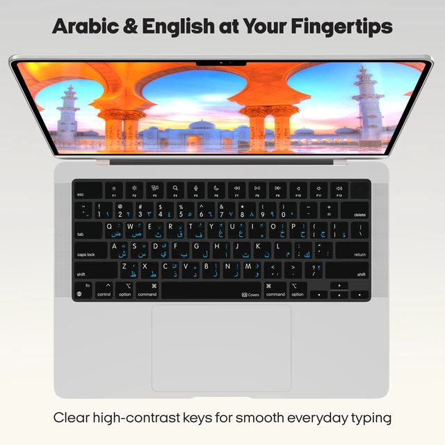 Alt view image 2 of 6 - KB Covers Arabic Keyboard Cover for MacBook Pro and Air, Blue Letters | Bilingual Arabic-English Letters, Fits 14/16 Inch Pro 2021-2024 and 13/15 Inch Air 2022-2024, US Layout, Ultra-Thin TPU