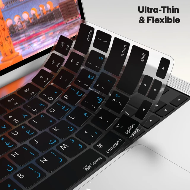 Alt view image 3 of 6 - KB Covers Arabic Keyboard Cover for MacBook Pro and Air, Blue Letters | Bilingual Arabic-English Letters, Fits 14/16 Inch Pro 2021-2024 and 13/15 Inch Air 2022-2024, US Layout, Ultra-Thin TPU