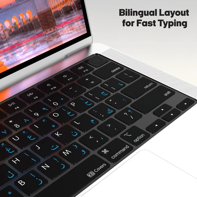 Alt view image 4 of 6 - KB Covers Arabic Keyboard Cover for MacBook Pro and Air, Blue Letters | Bilingual Arabic-English Letters, Fits 14/16 Inch Pro 2021-2024 and 13/15 Inch Air 2022-2024, US Layout, Ultra-Thin TPU