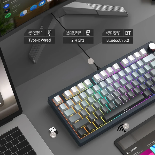 Alt view image 2 of 7 - MageGee LIGHT75 Wireless Creamy Keyboard, Tri-Mode Bluetooth/2.4GHz/USB-C RGB Backlit, Gasket Hot Swappable Custom Gaming Keyboard for Win/Mac/PC, with Knob, Side Printed PBT Keycaps, Black