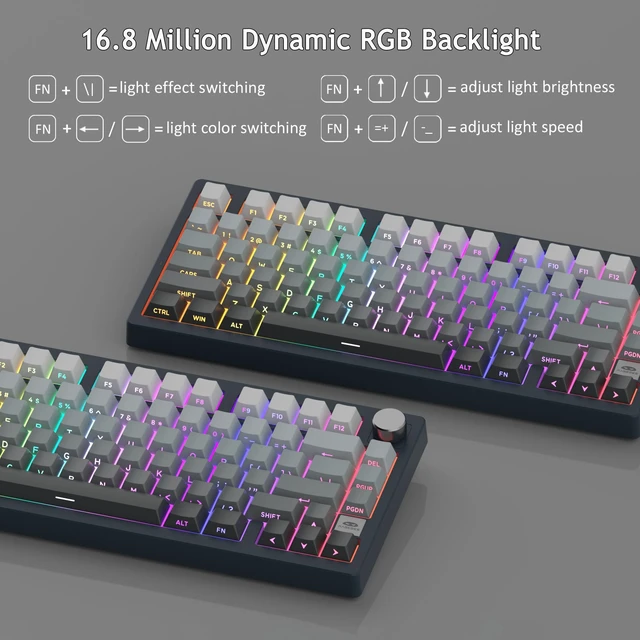 Alt view image 5 of 7 - MageGee LIGHT75 Wireless Creamy Keyboard, Tri-Mode Bluetooth/2.4GHz/USB-C RGB Backlit, Gasket Hot Swappable Custom Gaming Keyboard for Win/Mac/PC, with Knob, Side Printed PBT Keycaps, Black