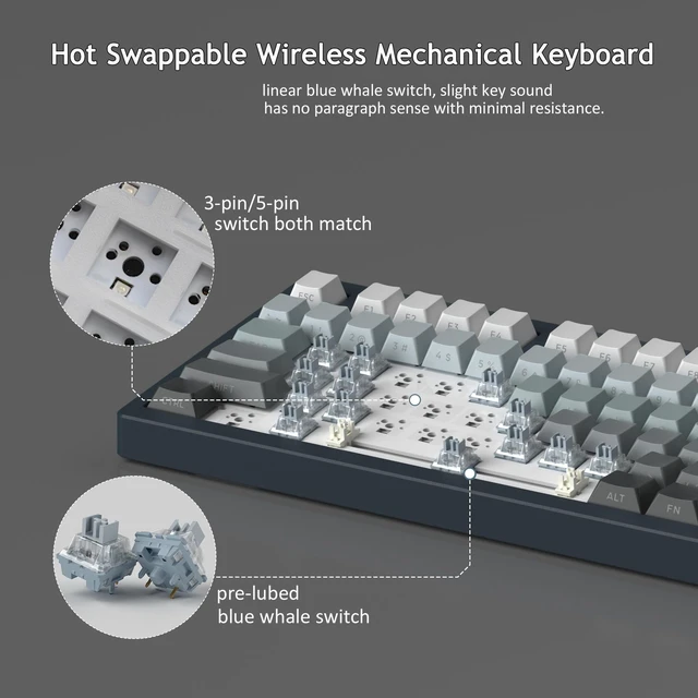 Alt view image 4 of 7 - MageGee LIGHT75 Wireless Creamy Keyboard, Tri-Mode Bluetooth/2.4GHz/USB-C RGB Backlit, Gasket Hot Swappable Custom Gaming Keyboard for Win/Mac/PC, with Knob, Side Printed PBT Keycaps, Black