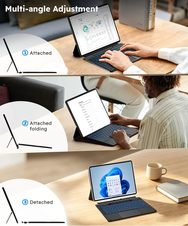 Alt view image 6 of 7 - Xotauoeu Surface Pro Keyboard Replacement for Pro 11/10/9/8/X 13, Type-C Rechargeable Type Cover, Detachable Wireless Bluetooth Keyboard with Multi-Touch Trackpad, 7 Colors Backlit, Pen Holder
