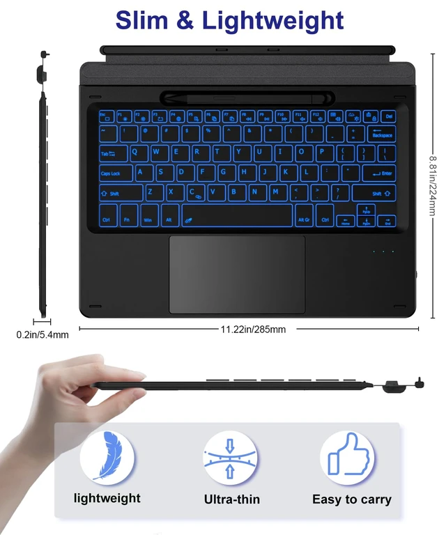 Alt view image 7 of 7 - Xotauoeu Surface Pro Keyboard Replacement for Pro 11/10/9/8/X 13, Type-C Rechargeable Type Cover, Detachable Wireless Bluetooth Keyboard with Multi-Touch Trackpad, 7 Colors Backlit, Pen Holder