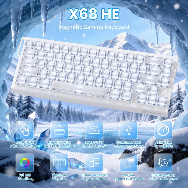 Alt view image 2 of 7 - SHARK X68 HE 8K Rapid Trigger Mechanical Gaming Keyboard, Ice Ninja | 0.01mm RT Accuracy, 0.125ms Latency, 60% TKL, Adjustable Actuation, Snap Tap, RGB Lighting Magnetic Wired Keyboard for PC/Mac