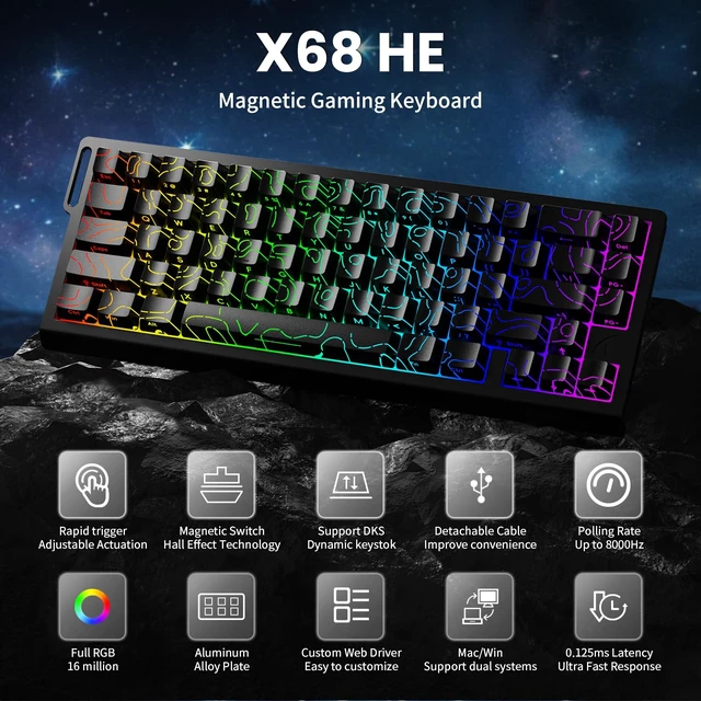 Alt view image 2 of 7 - SHARK X68HE 8K Rapid Trigger Mechanical Gaming Keyboard,BlackContour | 0.01mm RT Accuracy, 0.125ms Latency, 60% TKL, Adjustable Actuation, Snap Tap, RGB Lighting Magnetic Wired Keyboard for PC/Mac
