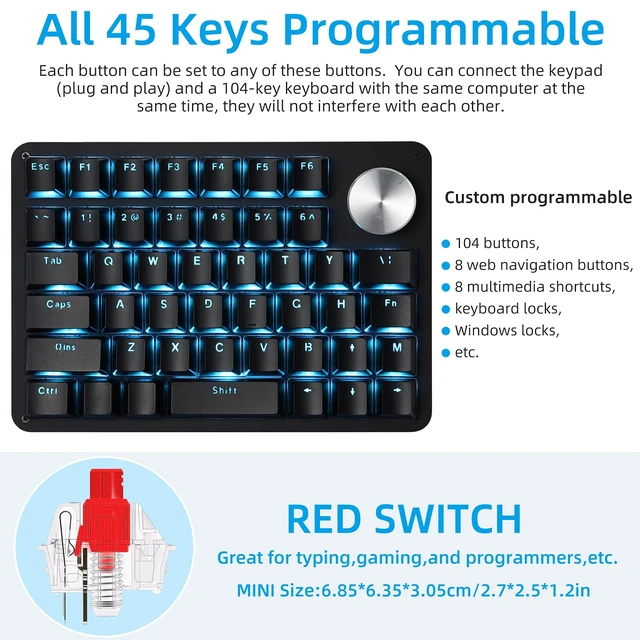 Alt view image 2 of 7 - Koolertron One-Handed 45-Key Programmable Macro Keypad, Red Switch | Blue LED backlit, 24 programmable macro keys, hot-swappable red switches, plug-and-play for Windows PC gaming