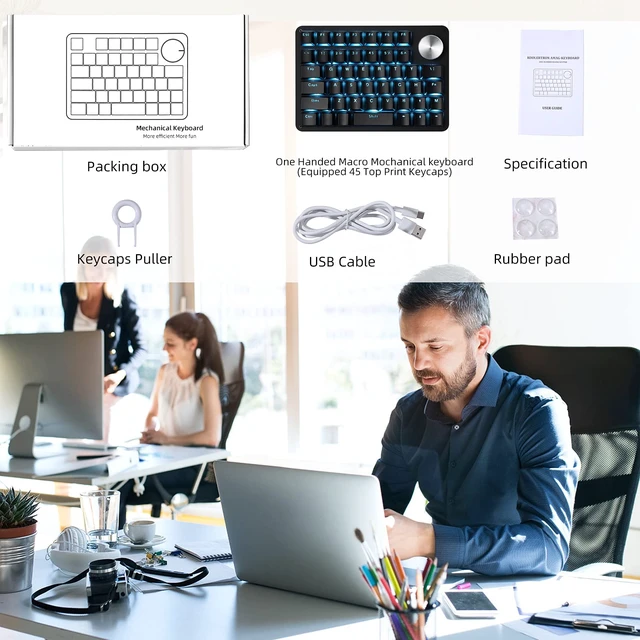 Alt view image 7 of 7 - Koolertron One-Handed 45-Key Programmable Macro Keypad, Red Switch | Blue LED backlit, 24 programmable macro keys, hot-swappable red switches, plug-and-play for Windows PC gaming