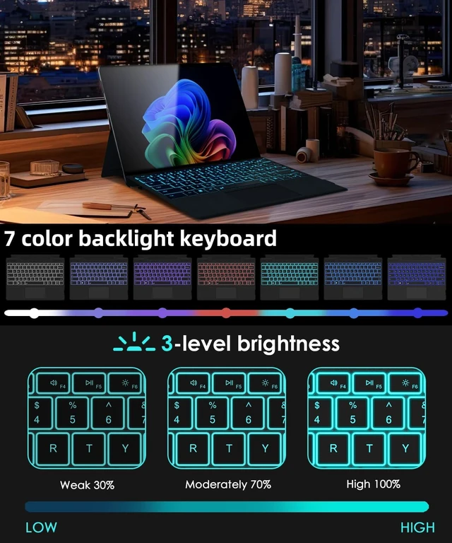 Alt view image 3 of 6 - Surface Pro 8/9/X/10/11 Keyboard Bluetooth 7 Color Backlit Type Cover | Wireless Ultra-Slim Portable Magnetic Keyboard for Microsoft Surface Pro 13 inch with Trackpad, Rechargeable Battery