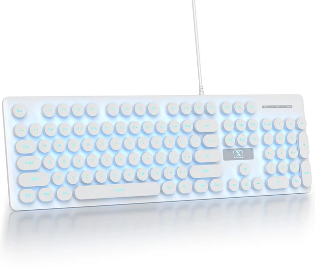 Main image of Fogruaden Wired Retro Typewriter Keyboard, Quiet Full Size Membrane Keyboard Light Up, White Cute Computer Keyboards, 104 Round Keys, Blue LED Backlit, Slim, Silent for Windows PC, Laptop