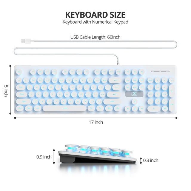 Alt view image 2 of 7 - Fogruaden Wired Retro Typewriter Keyboard, Quiet Full Size Membrane Keyboard Light Up, White Cute Computer Keyboards, 104 Round Keys, Blue LED Backlit, Slim, Silent for Windows PC, Laptop