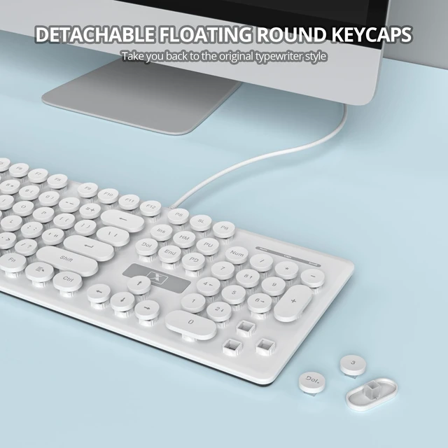 Alt view image 5 of 7 - Fogruaden Wired Retro Typewriter Keyboard, Quiet Full Size Membrane Keyboard Light Up, White Cute Computer Keyboards, 104 Round Keys, Blue LED Backlit, Slim, Silent for Windows PC, Laptop