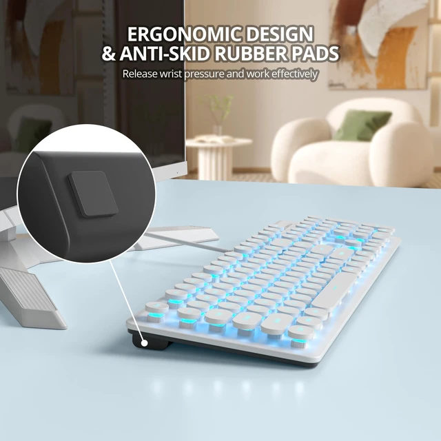 Alt view image 6 of 7 - Fogruaden Wired Retro Typewriter Keyboard, Quiet Full Size Membrane Keyboard Light Up, White Cute Computer Keyboards, 104 Round Keys, Blue LED Backlit, Slim, Silent for Windows PC, Laptop