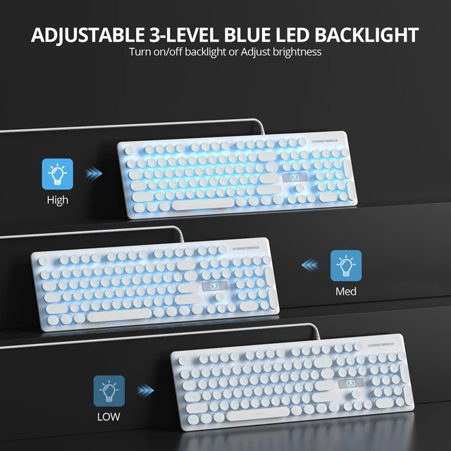 Alt view image 7 of 7 - Fogruaden Wired Retro Typewriter Keyboard, Quiet Full Size Membrane Keyboard Light Up, White Cute Computer Keyboards, 104 Round Keys, Blue LED Backlit, Slim, Silent for Windows PC, Laptop
