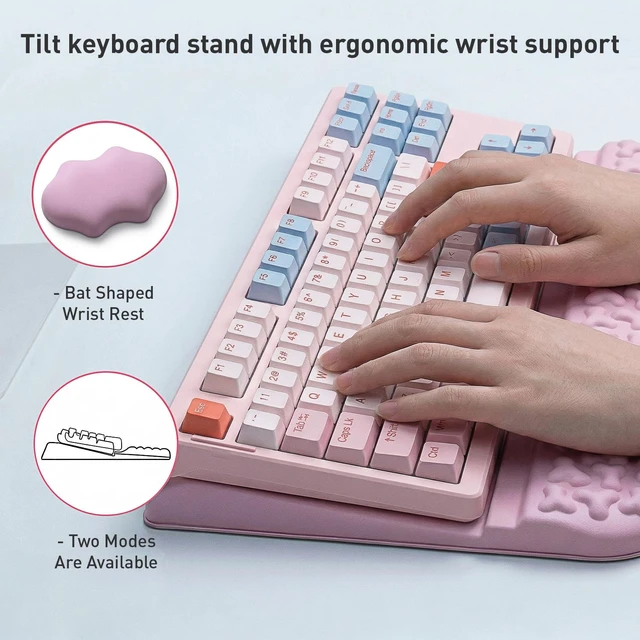 Alt view image 4 of 7 - Halloween Keyboard Stand with Wrist Rest, Pumpkin Mouse Pad&Bat Wrist Rest | Ergonomic Keyboard Riser with Wrist Pad, PU Leather Waterproof Mousepad for Office Home School (Pink)