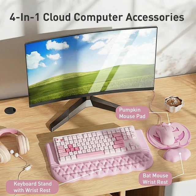 Alt view image 2 of 7 - Halloween Keyboard Stand with Wrist Rest, Pumpkin Mouse Pad&Bat Wrist Rest | Ergonomic Keyboard Riser with Wrist Pad, PU Leather Waterproof Mousepad for Office Home School (Pink)