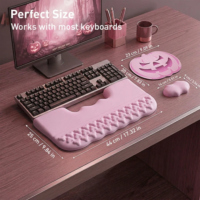 Alt view image 3 of 7 - Halloween Keyboard Stand with Wrist Rest, Pumpkin Mouse Pad&Bat Wrist Rest | Ergonomic Keyboard Riser with Wrist Pad, PU Leather Waterproof Mousepad for Office Home School (Pink)