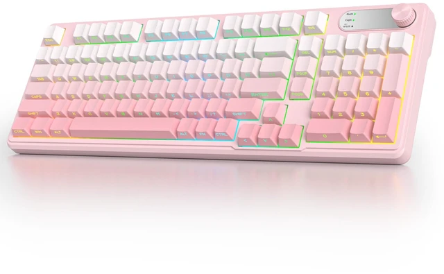 Main image of Wireless Creamy Pink Keyboard, Tri-Mode Quiet Membrane Keyboards | 4000mAh Battery,RGB Backlit,98 Keys Keyboard with Number Pad, BT/2.4GHz/USB-C, Knob Control, Side Printed Keycaps (Pink)