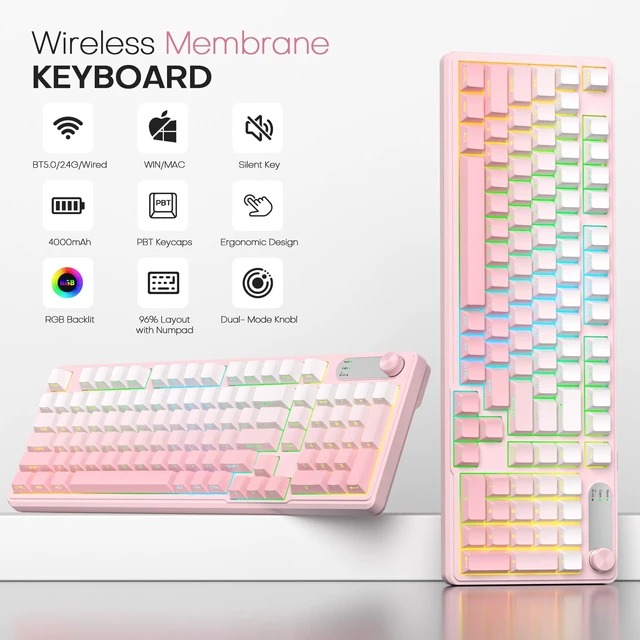 Alt view image 3 of 7 - Gaming keyboard Pink,98 keys Wireless Typewriter Creamy with Number Pad | Membrane Keyboard,RGB Backlit,Tri-Mode BT/2.4GHz/USB-C,4000mAh Rechargeable Thocky Clicky Creamy Sound Computer Keyboards
