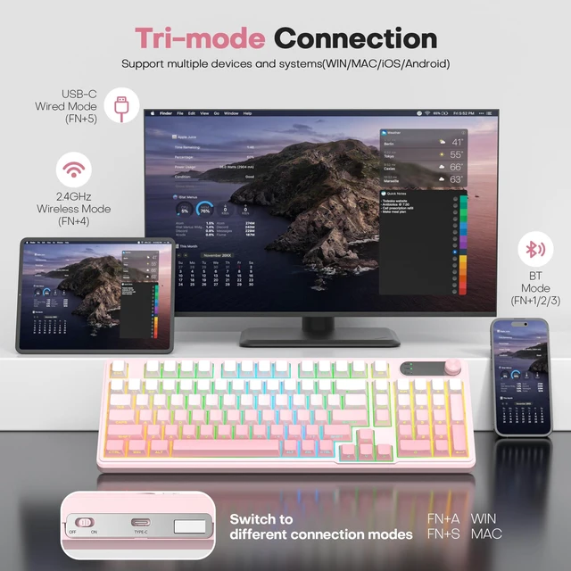 Alt view image 4 of 7 - Gaming keyboard Pink,98 keys Wireless Typewriter Creamy with Number Pad | Membrane Keyboard,RGB Backlit,Tri-Mode BT/2.4GHz/USB-C,4000mAh Rechargeable Thocky Clicky Creamy Sound Computer Keyboards