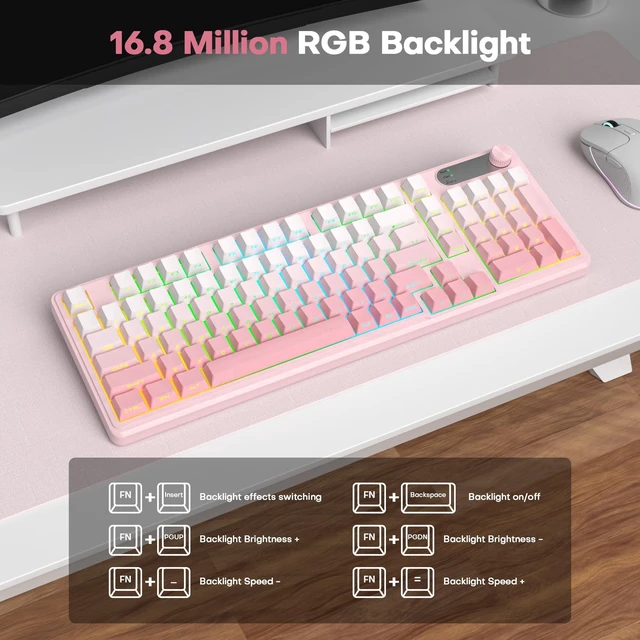 Alt view image 5 of 7 - Gaming keyboard Pink,98 keys Wireless Typewriter Creamy with Number Pad | Membrane Keyboard,RGB Backlit,Tri-Mode BT/2.4GHz/USB-C,4000mAh Rechargeable Thocky Clicky Creamy Sound Computer Keyboards