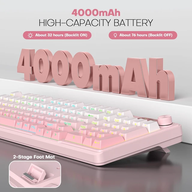 Alt view image 6 of 7 - Wireless Creamy Pink Keyboard, Tri-Mode Quiet Membrane Keyboards | 4000mAh Battery,RGB Backlit,98 Keys Keyboard with Number Pad, BT/2.4GHz/USB-C, Knob Control, Side Printed Keycaps (Pink)