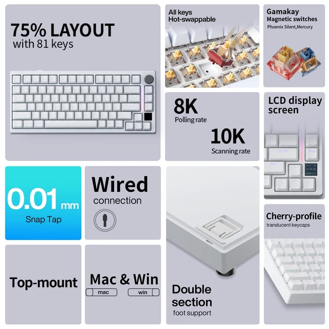 Alt view image 2 of 7 - GamaKay TK75HE V2 Rapid Trigger Wireless Keyboard TFT Screen 0.005mm RT | 8KHz Polling Rate Snap Tap, Tri-Mode BT/2.4GHz/USB-C Hall Effect Mercury Magnetic Switch 75% Gaming Keyboard