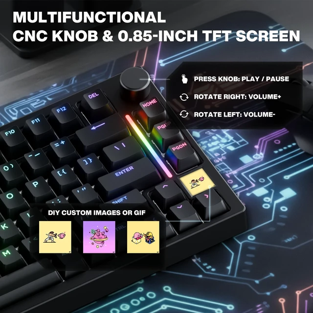 Alt view image 3 of 7 - GamaKay TK75HE V2 Rapid Trigger Wireless Keyboard TFT Screen 0.005mm RT | 8KHz Polling Rate Snap Tap, Tri-Mode BT/2.4GHz/USB-C Hall Effect Mercury Magnetic Switch 75% Gaming Keyboard